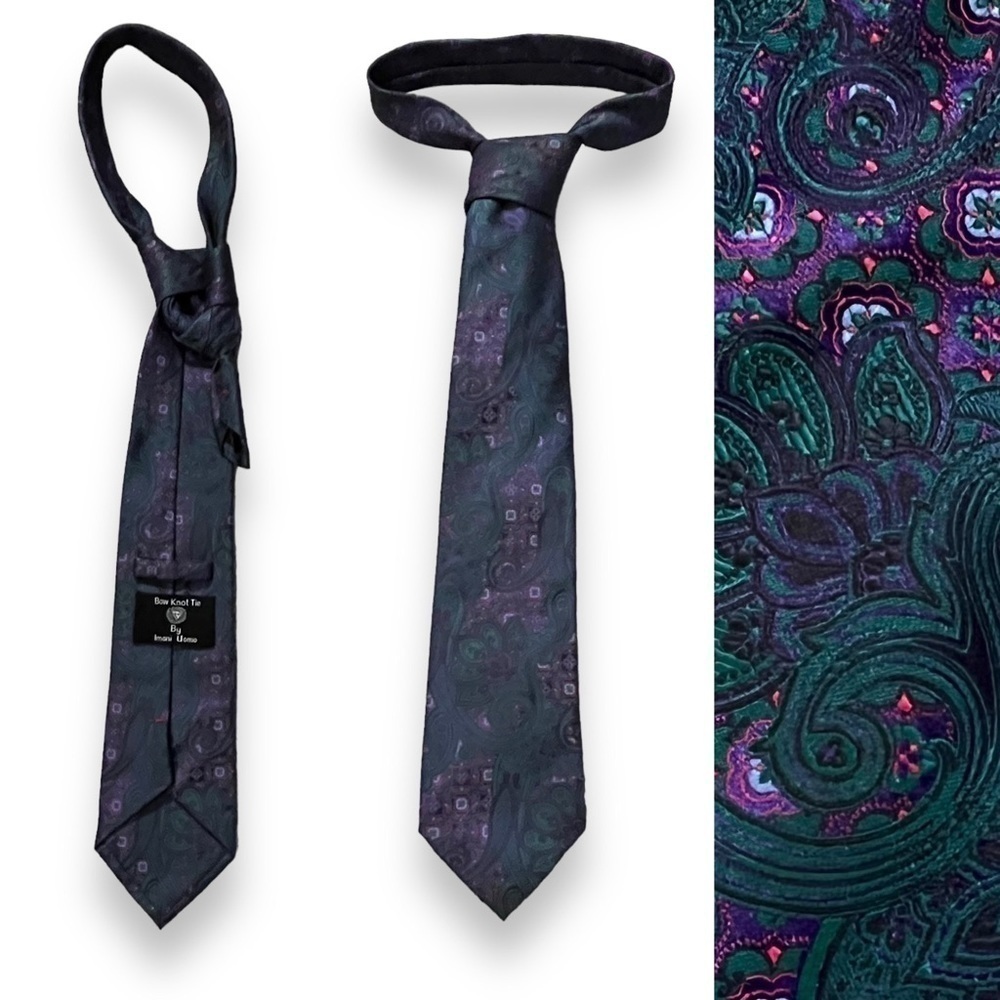 Bow Knot Tie by Imani Uomo Green Purple Paisley Silk Touch Microfibre Colorful
